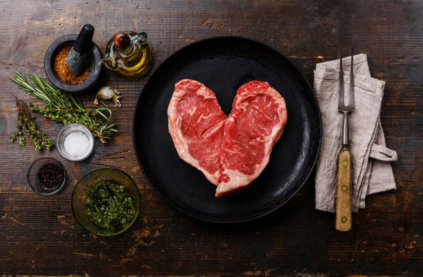 A heart-shaped meat in a plate